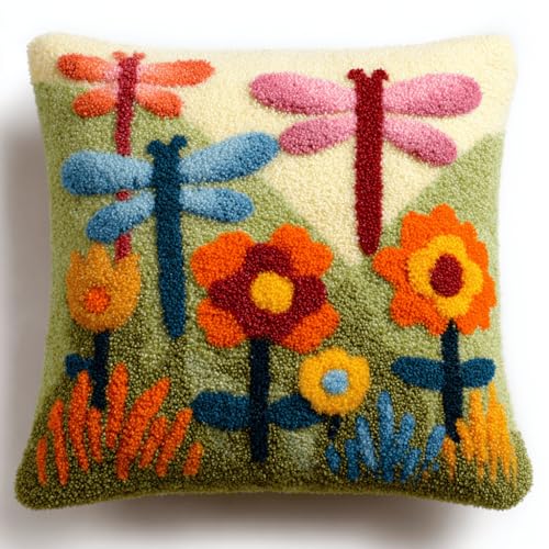 VwrxnchCoatx Knüpfteppich Zum Selber Knüpf-Sets Mit Kissen Knüpfen-Set 43X43Cm Kissenbezug-Set Für Erwachsene Und Kinder Latch Hook Kit Heimaccessoire（Libelle Und Blume） von VwrxnchCoatx