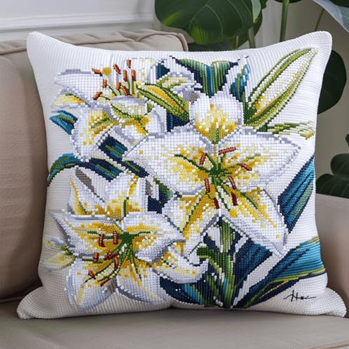 VwrxnchCoatx Knüpfteppich Zum Selber Knüpf-Sets Mit Kissen Knüpfen-Set 43X43Cm Kissenbezug-Set Für Erwachsene Und Kinder Latch Hook Kit Heimaccessoire（Lilien） von VwrxnchCoatx