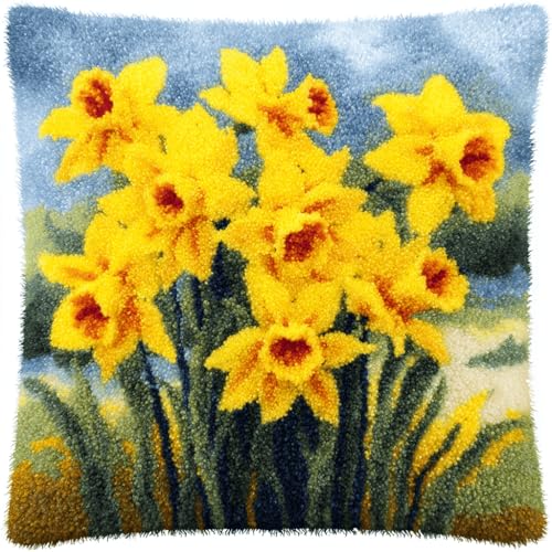 VwrxnchCoatx Knüpfteppich Zum Selber Knüpf-Sets Mit Kissen Knüpfen-Set 43X43Cm Kissenbezug-Set Für Erwachsene Und Kinder Latch Hook Kit Heimaccessoire（Narzisse） von VwrxnchCoatx