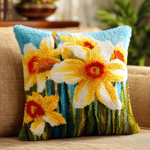 VwrxnchCoatx Knüpfteppich Zum Selber Knüpf-Sets Mit Kissen Knüpfen-Set 43X43Cm Kissenbezug-Set Für Erwachsene Und Kinder Latch Hook Kit Heimaccessoire（Narzisse） von VwrxnchCoatx