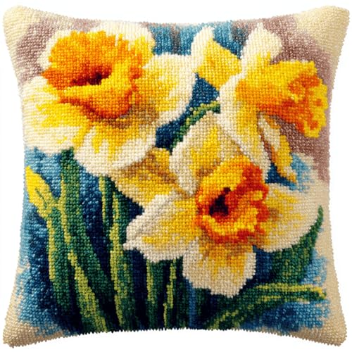 VwrxnchCoatx Knüpfteppich Zum Selber Knüpf-Sets Mit Kissen Knüpfen-Set 43X43Cm Kissenbezug-Set Für Erwachsene Und Kinder Latch Hook Kit Heimaccessoire（Narzisse） von VwrxnchCoatx