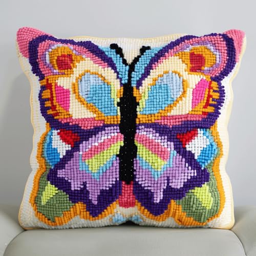 VwrxnchCoatx Knüpfteppich Zum Selber Knüpf-Sets Mit Kissen Knüpfen-Set 43X43Cm Kissenbezug-Set Für Erwachsene Und Kinder Latch Hook Kit Heimaccessoire（Schmetterling） von VwrxnchCoatx