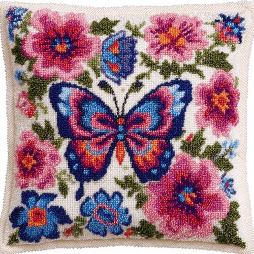 VwrxnchCoatx Knüpfteppich Zum Selber Knüpf-Sets Mit Kissen Knüpfen-Set 43X43Cm Kissenbezug-Set Für Erwachsene Und Kinder Latch Hook Kit Heimaccessoire（Schmetterling） von VwrxnchCoatx