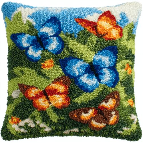 VwrxnchCoatx Knüpfteppich Zum Selber Knüpf-Sets Mit Kissen Knüpfen-Set 43X43Cm Kissenbezug-Set Für Erwachsene Und Kinder Latch Hook Kit Heimaccessoire（Schmetterlinge Fliegen） von VwrxnchCoatx