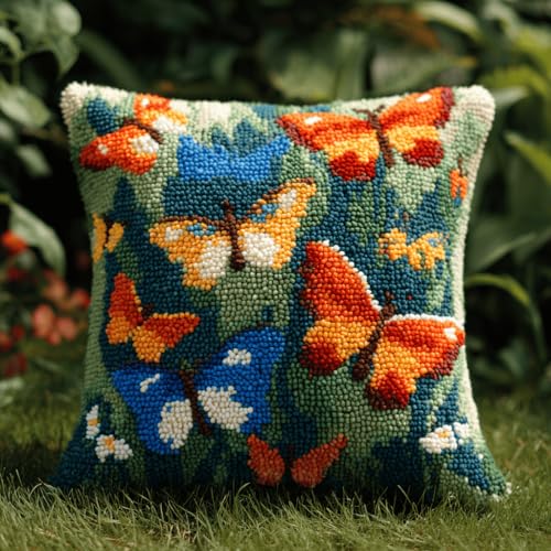 VwrxnchCoatx Knüpfteppich Zum Selber Knüpf-Sets Mit Kissen Knüpfen-Set 43X43Cm Kissenbezug-Set Für Erwachsene Und Kinder Latch Hook Kit Heimaccessoire（Schmetterlinge Fliegen） von VwrxnchCoatx