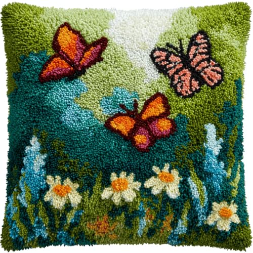 VwrxnchCoatx Knüpfteppich Zum Selber Knüpf-Sets Mit Kissen Knüpfen-Set 43X43Cm Kissenbezug-Set Für Erwachsene Und Kinder Latch Hook Kit Heimaccessoire（Schmetterlinge Fliegen） von VwrxnchCoatx