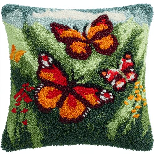 VwrxnchCoatx Knüpfteppich Zum Selber Knüpf-Sets Mit Kissen Knüpfen-Set 43X43Cm Kissenbezug-Set Für Erwachsene Und Kinder Latch Hook Kit Heimaccessoire（Schmetterlinge Fliegen） von VwrxnchCoatx