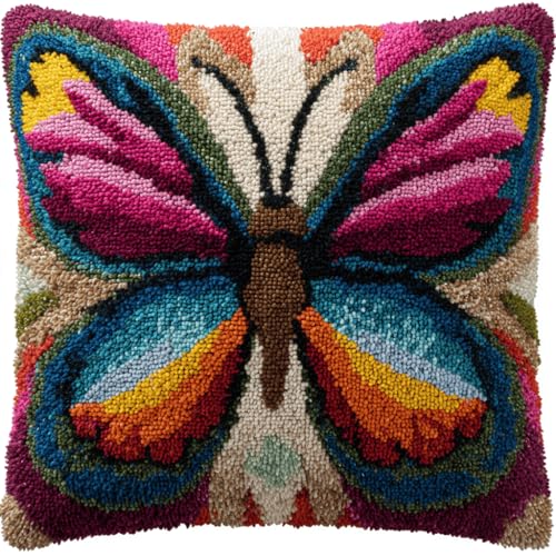 VwrxnchCoatx Knüpfteppich Zum Selber Knüpf-Sets Mit Kissen Knüpfen-Set 43X43Cm Kissenbezug-Set Für Erwachsene Und Kinder Latch Hook Kit Heimaccessoire（Schöner Schmetterling） von VwrxnchCoatx