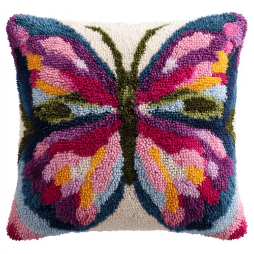 VwrxnchCoatx Knüpfteppich Zum Selber Knüpf-Sets Mit Kissen Knüpfen-Set 43X43Cm Kissenbezug-Set Für Erwachsene Und Kinder Latch Hook Kit Heimaccessoire（Schöner Schmetterling） von VwrxnchCoatx