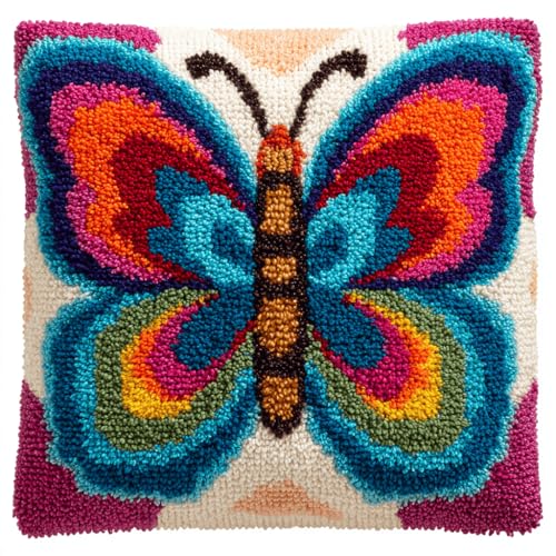 VwrxnchCoatx Knüpfteppich Zum Selber Knüpf-Sets Mit Kissen Knüpfen-Set 43X43Cm Kissenbezug-Set Für Erwachsene Und Kinder Latch Hook Kit Heimaccessoire（Schöner Schmetterling） von VwrxnchCoatx
