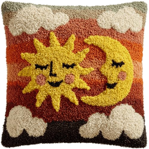 VwrxnchCoatx Knüpfteppich Zum Selber Knüpf-Sets Mit Kissen Knüpfen-Set 43X43Cm Kissenbezug-Set Für Erwachsene Und Kinder Latch Hook Kit Heimaccessoire（Sonne Und Mond） von VwrxnchCoatx