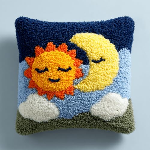 VwrxnchCoatx Knüpfteppich Zum Selber Knüpf-Sets Mit Kissen Knüpfen-Set 43X43Cm Kissenbezug-Set Für Erwachsene Und Kinder Latch Hook Kit Heimaccessoire（Sonne Und Mond） von VwrxnchCoatx