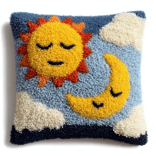 VwrxnchCoatx Knüpfteppich Zum Selber Knüpf-Sets Mit Kissen Knüpfen-Set 43X43Cm Kissenbezug-Set Für Erwachsene Und Kinder Latch Hook Kit Heimaccessoire（Sonne Und Mond） von VwrxnchCoatx