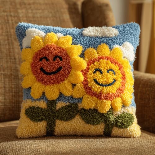 VwrxnchCoatx Knüpfteppich Zum Selber Knüpf-Sets Mit Kissen Knüpfen-Set 43X43Cm Kissenbezug-Set Für Erwachsene Und Kinder Latch Hook Kit Heimaccessoire（Sonnenblumenblüten） von VwrxnchCoatx