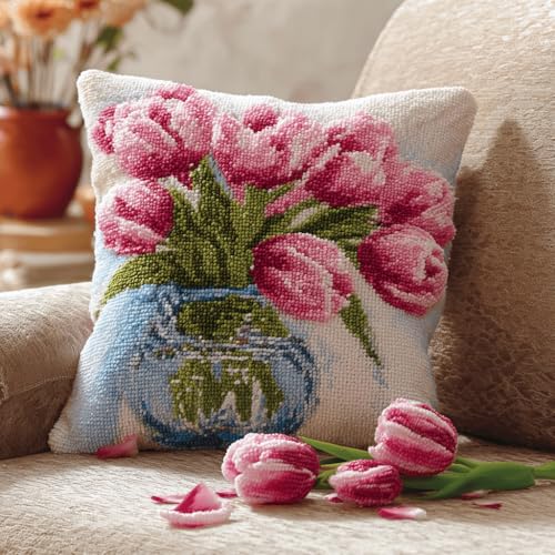 VwrxnchCoatx Knüpfteppich Zum Selber Knüpf-Sets Mit Kissen Knüpfen-Set 43X43Cm Kissenbezug-Set Für Erwachsene Und Kinder Latch Hook Kit Heimaccessoire（Tulpenblüten） von VwrxnchCoatx