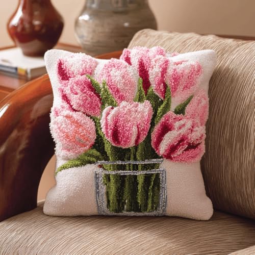 VwrxnchCoatx Knüpfteppich Zum Selber Knüpf-Sets Mit Kissen Knüpfen-Set 43X43Cm Kissenbezug-Set Für Erwachsene Und Kinder Latch Hook Kit Heimaccessoire（Tulpenblüten） von VwrxnchCoatx