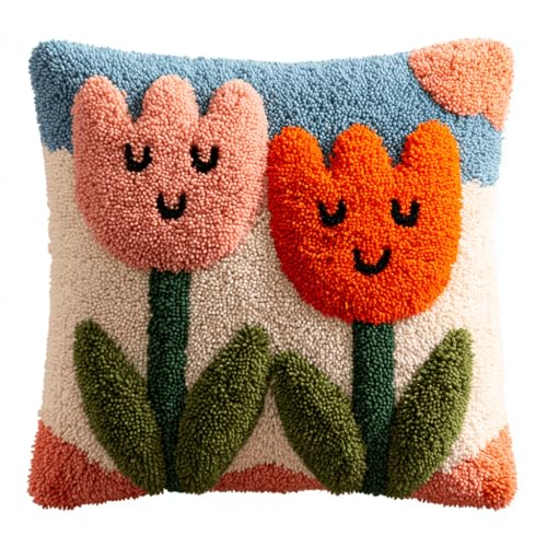 VwrxnchCoatx Knüpfteppich Zum Selber Knüpf-Sets Mit Kissen Knüpfen-Set 43X43Cm Kissenbezug-Set Für Erwachsene Und Kinder Latch Hook Kit Heimaccessoire（Tulpenblüten） von VwrxnchCoatx