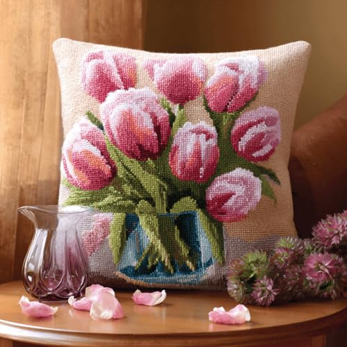 VwrxnchCoatx Knüpfteppich Zum Selber Knüpf-Sets Mit Kissen Knüpfen-Set 43X43Cm Kissenbezug-Set Für Erwachsene Und Kinder Latch Hook Kit Heimaccessoire（Tulpenblüten） von VwrxnchCoatx