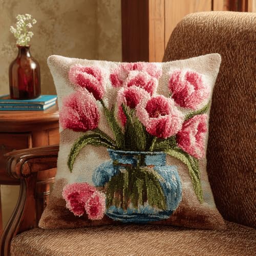 VwrxnchCoatx Knüpfteppich Zum Selber Knüpf-Sets Mit Kissen Knüpfen-Set 43X43Cm Kissenbezug-Set Für Erwachsene Und Kinder Latch Hook Kit Heimaccessoire（Tulpenblüten） von VwrxnchCoatx