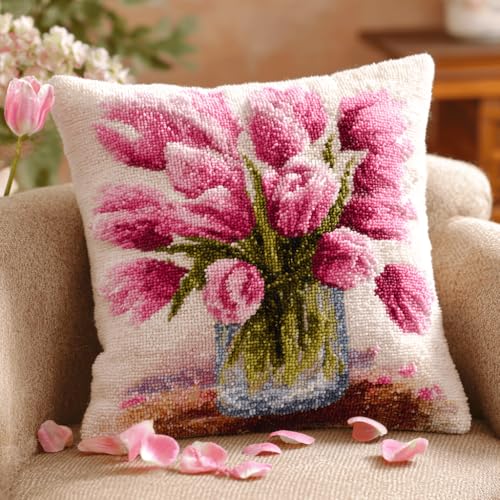 VwrxnchCoatx Knüpfteppich Zum Selber Knüpf-Sets Mit Kissen Knüpfen-Set 43X43Cm Kissenbezug-Set Für Erwachsene Und Kinder Latch Hook Kit Heimaccessoire（Tulpenblüten） von VwrxnchCoatx