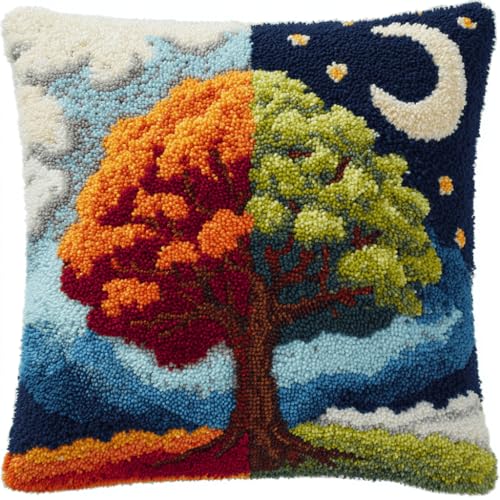VwrxnchCoatx Knüpfteppich Zum Selber Knüpf-Sets Mit Kissen Knüpfen-Set 43X43Cm Kissenbezug-Set Für Erwachsene Und Kinder Latch Hook Kit Heimaccessoire（Vier-Jahreszeiten-Baum） von VwrxnchCoatx