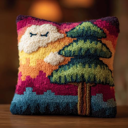 VwrxnchCoatx Knüpfteppich Zum Selber Knüpf-Sets Mit Kissen Knüpfen-Set 43X43Cm Kissenbezug-Set Für Erwachsene Und Kinder Latch Hook Kit Heimaccessoire（Zedernbaum） von VwrxnchCoatx