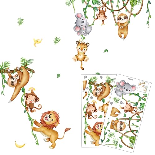Vxcbad Dschungel Tier Wandtattoo Set mit Reben Blättern,Wandsticker Kinderzimmer,Löwe Affen Tierische Wandaufkleber für Kinderzimmer Schlafzimmer Abnehmbare Waldtiere Wanddekoration von Vxcbad