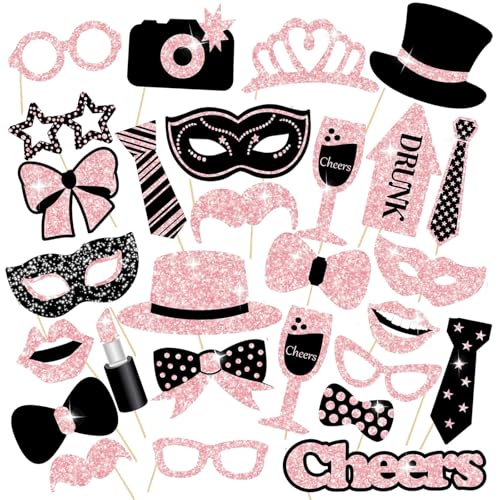 Vxcbad Fotobox Accessoires Deko Geburtstag Party ZubehöR Deko Geburtstag Fotobox Requisiten Set 30-Teilig, Glitzer Accessoires In Schwarz Und Rosa, Masken (Schwarz und rosa) von Vxcbad