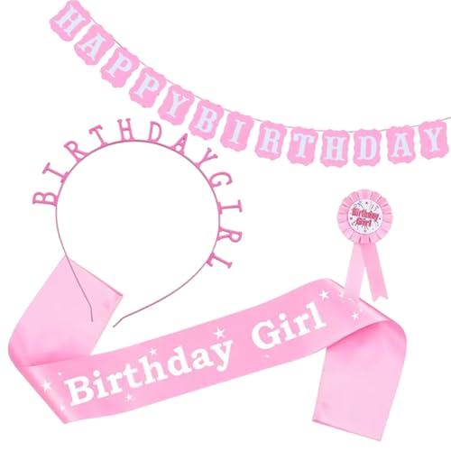 4 Stück Geburtstag Mädchen Dekorationen Set enthält glitzernde Tiara Stirnband Schärpe Abzeichen Happy Birthday Banner für Kinder Prinzessin Partys Rosa Zubehör (Rosa) von Vxcvzv