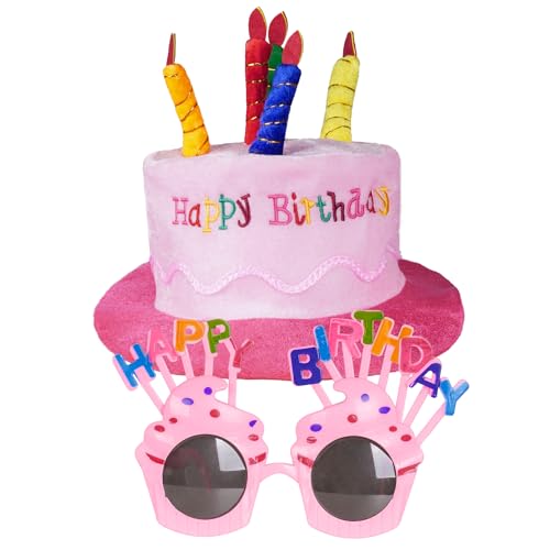 Vxcvzv 1 Set Happy Birthday Hut und Brille, Plüschhüte, Unisex, Erwachsenengröße, perfekt als Partyzubehör, Kostümzubehör, Kuchen und 5 mehrfarbige Kerzen (Rosa) von Vxcvzv
