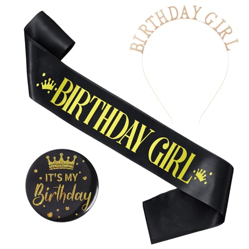 Vxcvzv 3 Stück Geburtstagsschärpe für Frauen, Schärpe und It's My Birthday-Knopf, glitzerndes Metallabzeichen, Prinzessinnen-Stirnband für Party-Dekoration (schwarz) von Vxcvzv