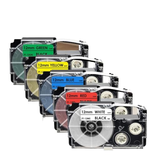 Vyawnqe 5PK 12mm Labelband funktioniert mit XR-12WE XR-12RD XR-12BU XR-12YW XR-12GN-Label-Macher, die auch mit KL-120 KL-820-Etikett-Label-Druckermodellen kompatibel sind(Gemischte Farbe) von Vyawnqe