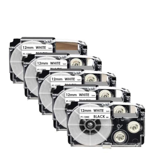 Vyawnqe 5PK 12mm Labelband funktioniert mit XR-12WE XR-12RD XR-12BU XR-12YW XR-12GN-Label-Macher, die auch mit KL-120 KL-820-Etikett-Label-Druckermodellen kompatibel sind(Schwarz auf Weiß) von Vyawnqe