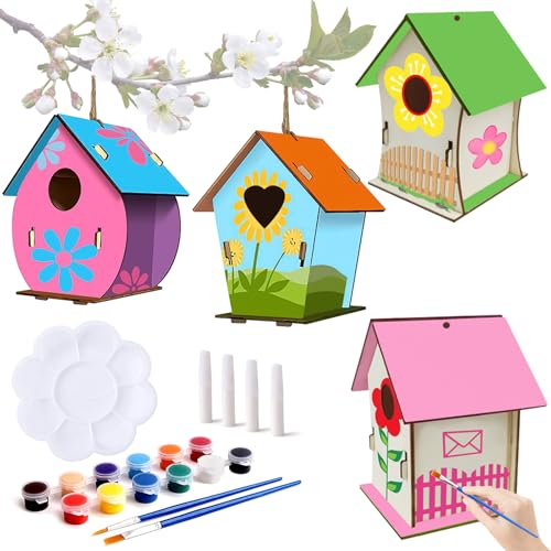 Vylyciy 4 Stück Vogelhaus Bausatz für Kinder, DIY Holz Basteln für Kinder zu Bauen und Malen, Vogelhaus zum Bemalen, Bastelset Spielzeug Geschenk für Mädchen Jungen Kleinkinder von Vylyciy