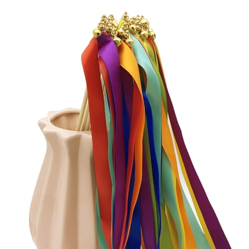 Vynetra 10 funkelnde Hochzeitsfeier-Zauberstäbe, mehrfarbig, Seidenband, Luftschlangen, Party-Dekoration, Stäbchen mit Glocken, Hochzeitsempfang von Vynetra