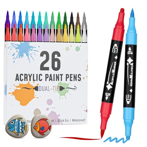 VynyQoo 26 Farben Acrylstifte Set, Acryl Stifte Steine Wasserfest, Acrylic Marker mit 0.5cm Doppelspitze, Acrylfarben Stifte für Holz Glas Stoff, Steine Bemalen Stifte für DIY Ostern Basteln Kinder von VynyQoo