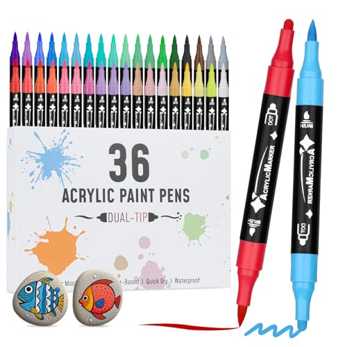 VynyQoo 36 Farben Acrylstifte Set, Acryl Stifte Steine Wasserfest, Acrylic Marker mit 0.5cm Doppelspitze, Acrylfarben Stifte für Holz Glas Stoff, Steine Bemalen Stifte für DIY Ostern Basteln Kinder von VynyQoo