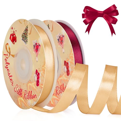 VynyQoo 2 Rollen 10mm Satinband Breite, Rot und Gold Geschenkband, 22M Einseitig Satin Band, Satinbänder für Bänder zum Basteln, Geschenkdeko, Hochzeits- und Geburtstagsgeschenke von VynyQoo