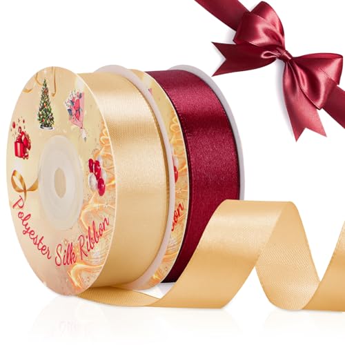 VynyQoo 2 Rollen 20mm Satinband Breite, Rot und Gold Geschenkband, 22M Einseitig Satin Band, Satinbänder für Bänder zum Basteln, Geschenkdeko, Hochzeits- und Geburtstagsgeschenke von VynyQoo