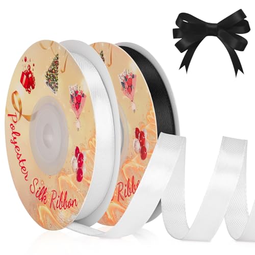 VynyQoo 2 Rollen 10mm Satinband Breite, Schwarz und Weiß Geschenkband, 22M Einseitig Satin Band, Satinbänder für Bänder zum Basteln, Geschenkdeko, Hochzeits- und Geburtstagsgeschenke von VynyQoo