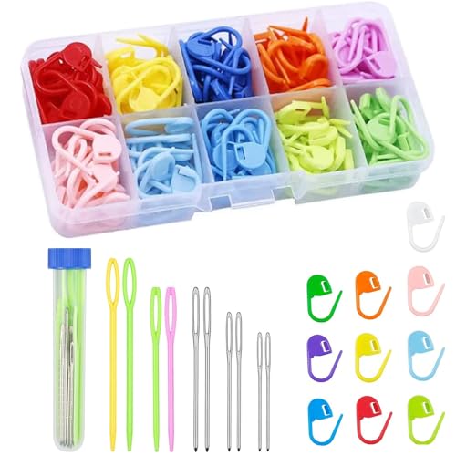 Vytung Maschenmarkierer, 120 Stück Häkel-Maschenmarkierer,10 Farben Maschenmarkierer Häkeln,10 Stück Nähnadeln mit großem Öhr,mit Aufbewahrungsbox für DIY Häkel-Bastelprojekte von Vytung