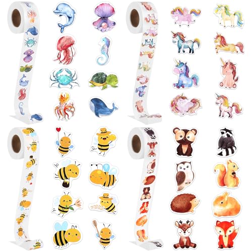 4 Rolle Runde Tier Aufkleber, 2000pcs Tier Belohnungsaufkleber, Animal Aufkleber, Meerestier Aufkleber, Einhorn Aufkleber, Biene Aufkleber von Vyuwast