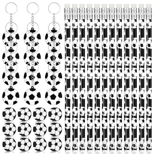 Vyuwast 36 Stück Fussball Mitgebsel Set, 12 Fußball Bleistifte + 12 Fußball Radiergummi + 12 Fußball Schlüsselanhänger, Fußball Mitgebsel Kindergeburtstag Gastgeschenke für Schule Schreibwaren von Vyuwast