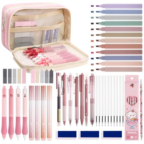 Vyuwast 49 Stück Schulsachen mit Mäppchen,Textmarker Gelstifte Bleistifte Ersatzminen Gelstiftmine Haftnotizen Back To School Stuff Schreibwaren Set für Studenten von Vyuwast