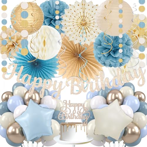 Geburtstagsdekoration für Damen, staubblau, beige, champagnerfarben, Boho, neutral, für Jungen und Mädchen, Party-Dekoration mit Nebelballons, cremefarben, goldfarbene Luftballons, Happy Banner Geburtstagsdekoration für Damen, staubblau, beige, champagnerfarben, Boho, neutral, für Jungen und Mädchen, Party-Dekoration mit Nebelballons, cremefarben, goldfarbene Luftballons, Happy Banner von Vztipki