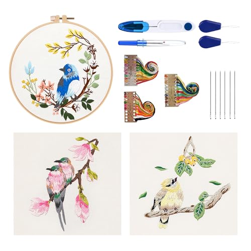 W Rxkiocs Stickerei Kit Stickset Für Anfänger DIY Kreuzstich Set Blume und Vogel Muster Stickerei Werkzeugsatz Mit Verstellbarer Stickrahmen Sticknadel Farbe Embroidery Thread von W Rxkiocs