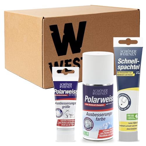 W West Boxx Set aus Schnellspachtel 100ml, Polarweiss Farbe 50ml und Polarweiss Spray 150ml, Ausbesserungsfarbe Weiß von W West Boxx