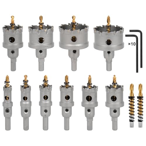 W&H 14tlg Lochsäge Set, 10 Bimetall Bohrkrone Ø16mm-55mm, 2 Harter Zentrierbohrer, 2 L-Förmiger Schraubenschlüssel, Kann Löcher in Holz, Metall, Marmor und Kunststoffbretter Bohren von W&H