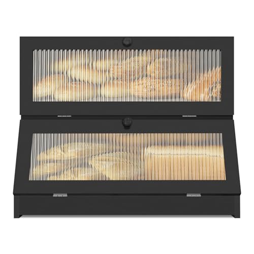 W&H Brotkasten Bambus, 2 Etagen brotkästen Holz, Brot Aufbewahrungsbox Groß, Brotbehälter Schwarz, brotbox für Brotaufbewahrung, Natur Bambus, 40CM×25CM×33CM (LxBxH) von W&H