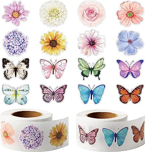 W1cwey 1000 Stück sortierte Aufkleberrollen (2 Rollen), Design dekorative niedliche Aufkleber Party Favor Dekoration für Kinder Gepäck Sammelalbum (Blumen Schmetterling) von W1cwey